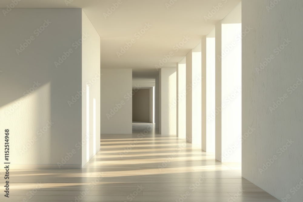 Sunlit minimalist hallway with wooden floor. Sunlit minimalist hallway with wooden floor.