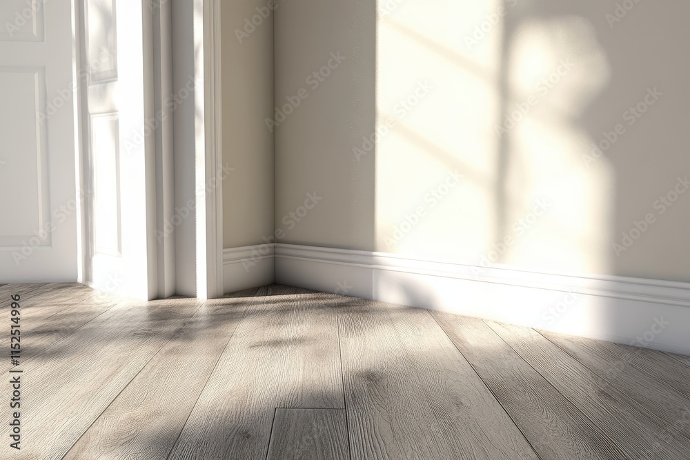 Sunlit corner of a room with hardwood floor, white baseboards, and door. Sunlit corner of a room with hardwood floor, white baseboards, and door.
