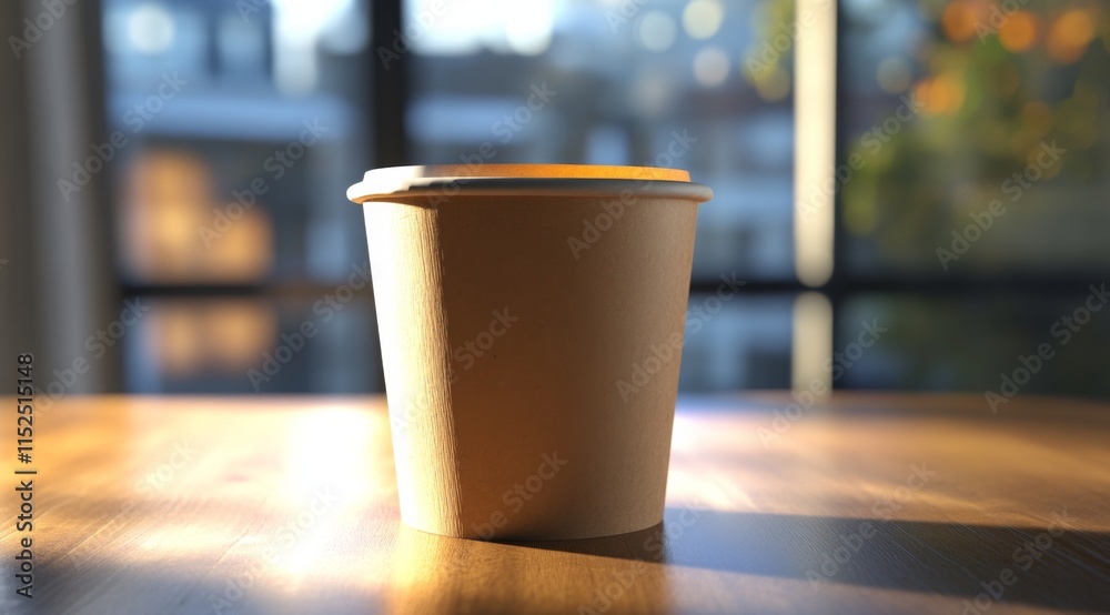 A brown paper coffee cup with a white lid placed on a table, illuminated by sunlight streaming through large windows, with a blurred window and wooden floor in the background A brown paper coffee cup with a white lid placed on a table, illuminated by sunlight streaming through large windows, with a blurred window and wooden floor in the background