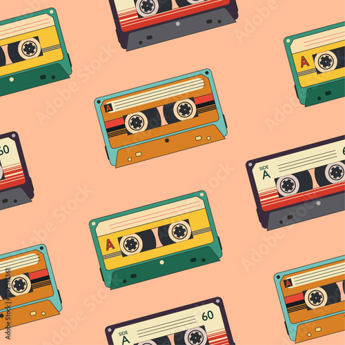 Hand drawn cassette with outline in retro colours. Vintage seamless pattern. Magnetic audio tape background. Retro tech nostalgia wallpaper. 90s 80s design