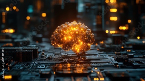 Glowing brain on circuit board, futuristic technology concept.