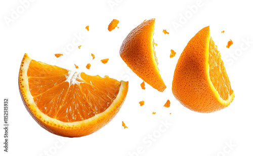 Cracked orange segments with vibrant pulp and scattered pieces, juicy citrus fruit explosion concept for food, freshness, and health ideas isolated on transparent background