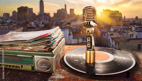 A striking gold microphone stands proudly on a black vinyl record, surrounded by a colorful stack of vintage records