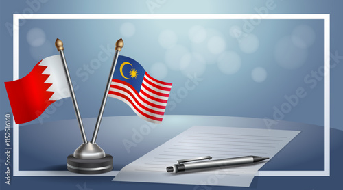 Bahrain and Malaysia National flags on small table with bokeh background, cooperative relationship