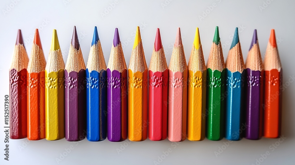 Fototapeta premium Isolated a white background A set of sharpened pencils in a rainbow of colors standing upright in a pencil holder