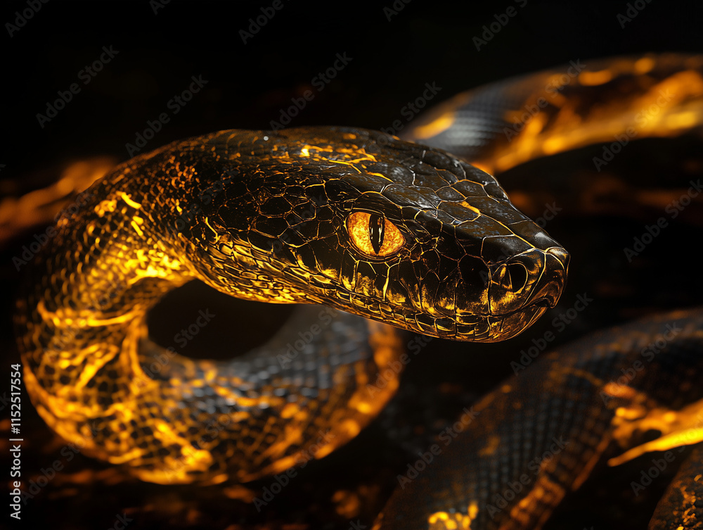 A majestic snake in the dark, its body entirely composed of intense yellow flames, the details on its skin resemble flowing fire and its eyes glow furiously. Symbol of the Chinese New Year 2025 A majestic snake in the dark, its body entirely composed of intense yellow flames, the details on its skin resemble flowing fire and its eyes glow furiously. Symbol of the Chinese New Year 2025