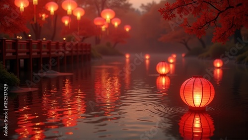 Wallpaper Mural Floating red lanterns on a serene water surface, surrounded by red autumn trees and a wooden bridge, creating a peaceful and festive ambiance. Generative, AI, Torontodigital.ca
