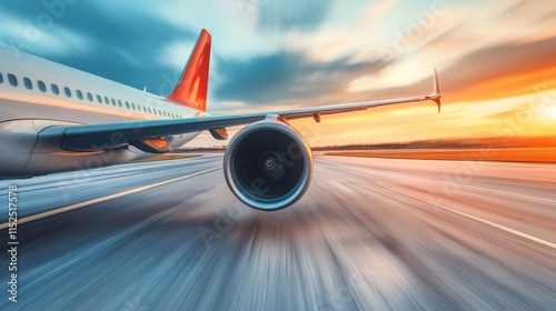 Airplane Taking Off at Sunset Runway View photo