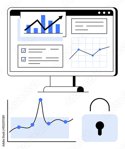 Computer monitor displaying graphs, checklists, and charts alongside a security lock icon. Ideal for data analysis, cybersecurity, business growth, digital safety, financial analytics, technology