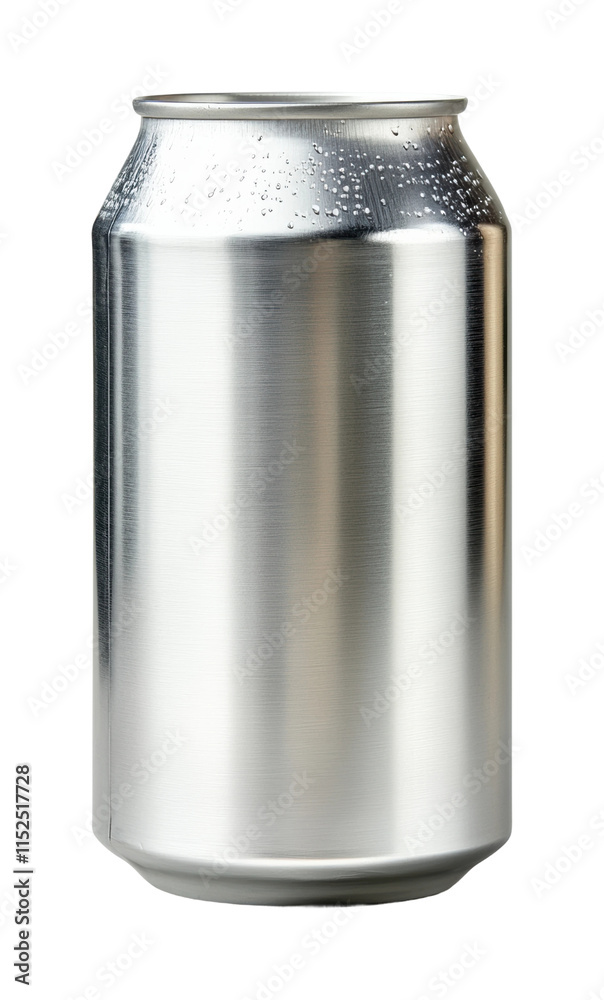 Blank silver aluminum soda can isolated on white background for beverages, energy drinks, and branding mockups on transparent background