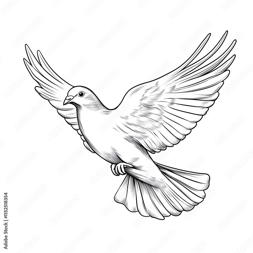Beautiful line art illustration of a fully flying dove, white background Beautiful line art illustration of a fully flying dove, white background