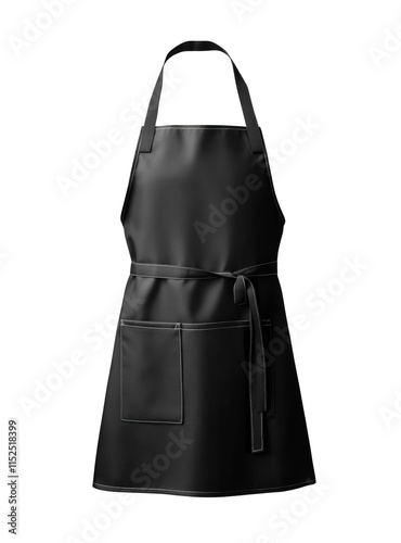 Black cooking apron with adjustable straps, front pocket design, professional chef kitchenwear, durable fabric, and minimalist style for culinary use isolated on transparent background