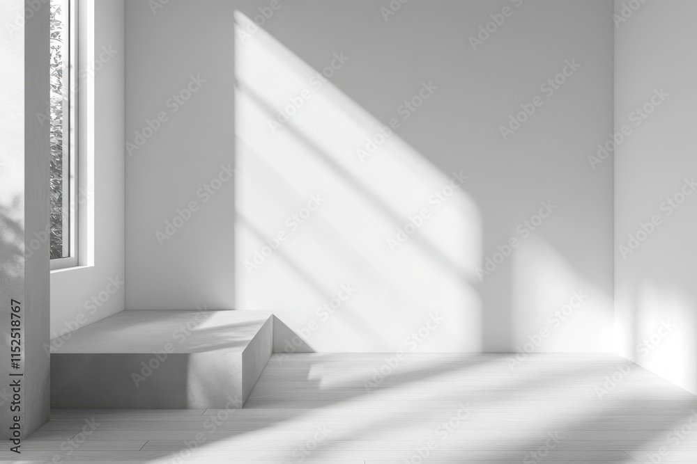 Minimalist white room with sunlight and platform. Minimalist white room with sunlight and platform.