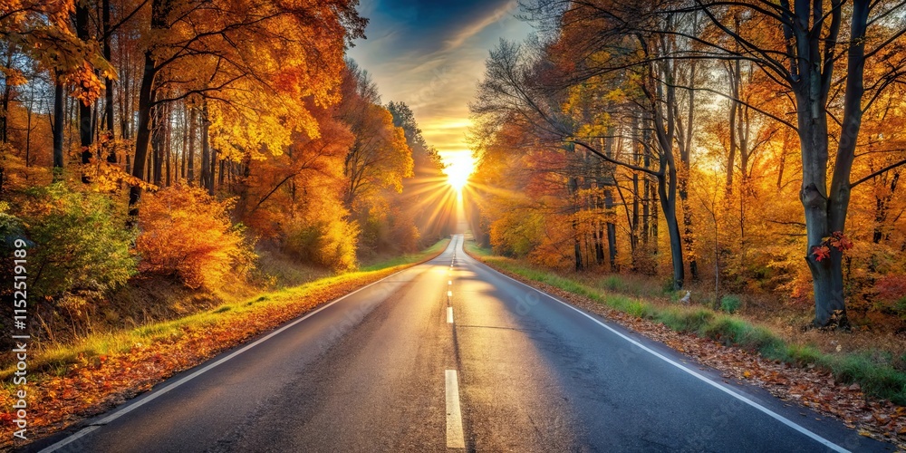 Autumn road at sunset with asphalt highway surrounded by trees and foliage, asphalt highway Autumn road at sunset with asphalt highway surrounded by trees and foliage, asphalt highway