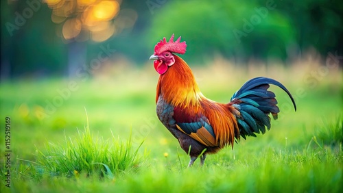 Free range bantam rooster in green meadow, free range poultry, bantam chicken