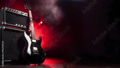 A heavy black electric guitar with sharp edges and silver studs stands beside a powerful amplifier, enveloped in a dusky atmosphere that sparks imagination and inspiration photo