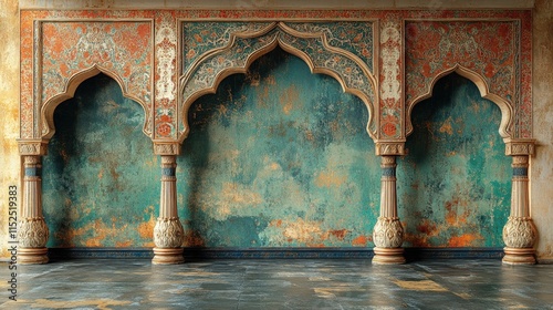 Ornate arches, pillars, and aged teal wall in a historic palace interior.