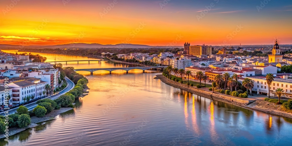 Fototapeta premium Cityscape of Huelva at sunset with the Rio Guadalquivir flowing through it, huelva, city