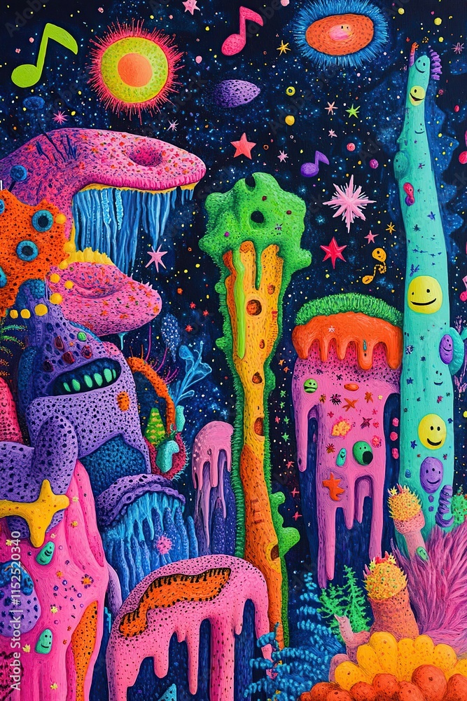 Obraz premium A vibrant, surreal landscape filled with colorful organic shapes and whimsical elements.