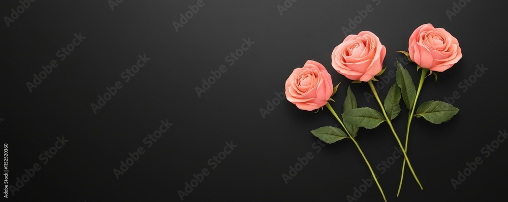 Obraz premium Three pink roses on a black background, symbolizing beauty and elegance.
