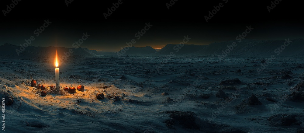 Obraz premium A solitary candle illuminates a desolate, icy landscape under a dark sky.