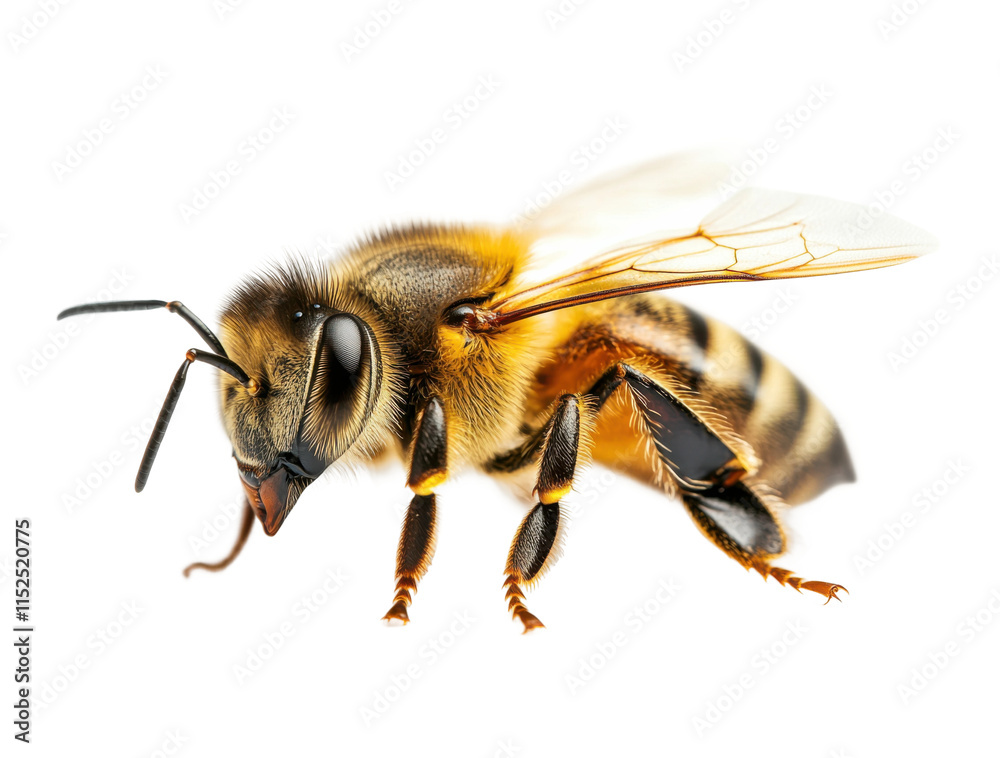 Closeup of a detailed honeybee with translucent wings, vibrant yellow and black body, intricate design, symbol of nature and pollination isolated on transparent background Closeup of a detailed honeybee with translucent wings, vibrant yellow and black body, intricate design, symbol of nature and pollination isolated on transparent background
