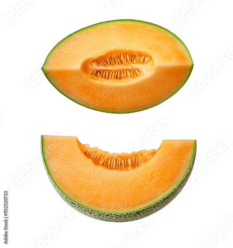 Close-up of ripe cantaloupe melon halves with seeds, juicy orange flesh, and textured rind, fresh fruit detail isolated on transparent background photo