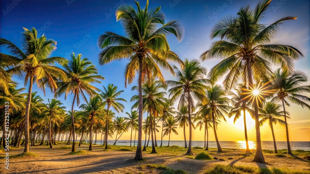 Palm trees swaying in the warm sunlight at Dique de Cabedelo-PB, beach scenery, palm trees, sunny day Palm trees swaying in the warm sunlight at Dique de Cabedelo-PB, beach scenery, palm trees, sunny day