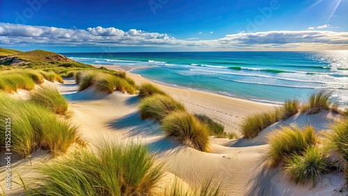 Sandy dunes and scrubby vegetation giving way to a pristine beach with crystal clear waters photo