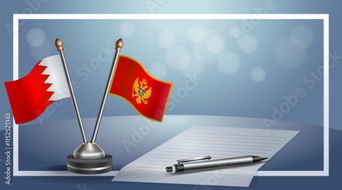 Bahrain and Montenegro National flags on small table with bokeh background, cooperative relationship