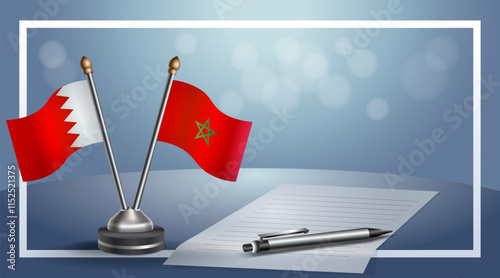 Bahrain and Morocco National flags on small table with bokeh background, cooperative relationship