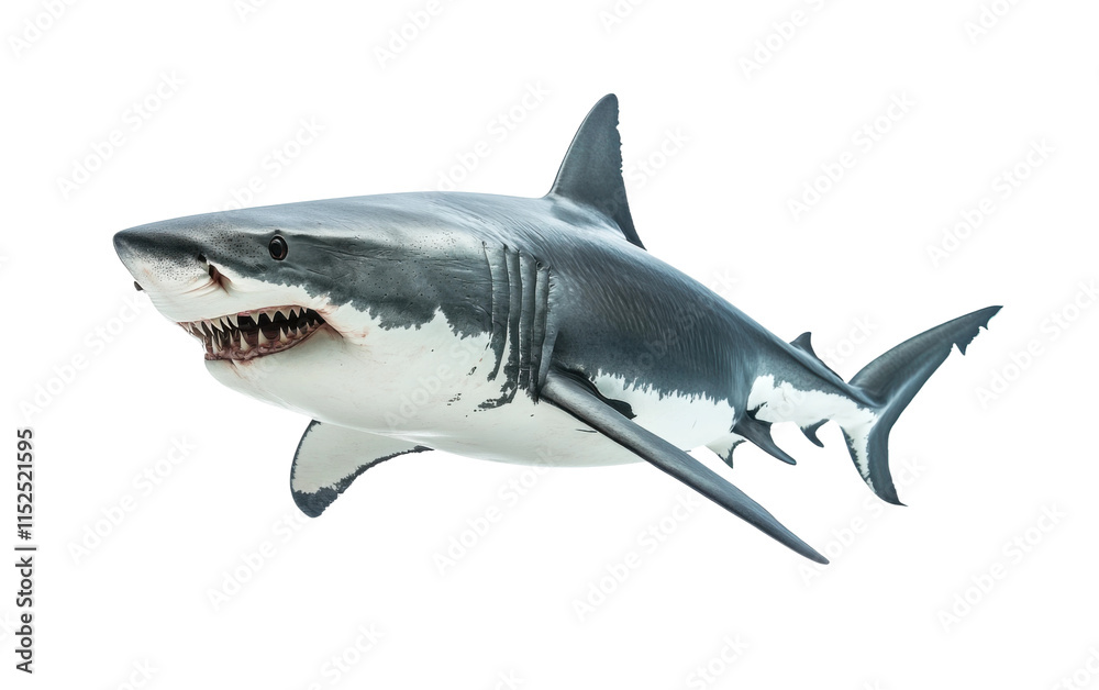 Fototapeta premium Great white shark swimming powerfully in the ocean, showing sharp teeth and muscular body, representing marine life, predator strength, and nature isolated on transparent background
