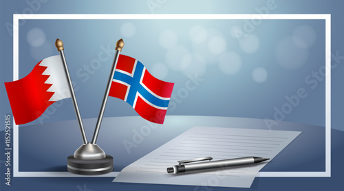 Bahrain and Norway National flags on small table with bokeh background, cooperative relationship