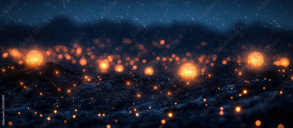 Naklejka premium A surreal landscape with glowing orbs resembling stars in a dark, atmospheric setting.