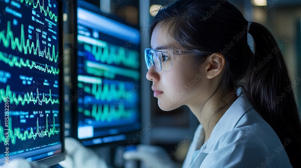 Young female scientist analyzing data on digital screens, wearing protective glasses in a laboratory environment with complex graphs and medical readings displayed Young female scientist analyzing data on digital screens, wearing protective glasses in a laboratory environment with complex graphs and medical readings displayed