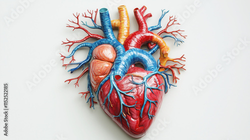 Detailed Illustration of the Human Circulatory System with Heart, Veins, and Arteries in Vibrant Colors, Labeled for Educational Use on a Clean White Background