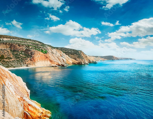 Bahía en el mar con grandes acantilados de colores.