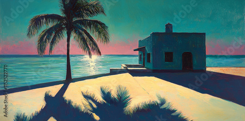 Palm Tree and Coastal House at Sunset