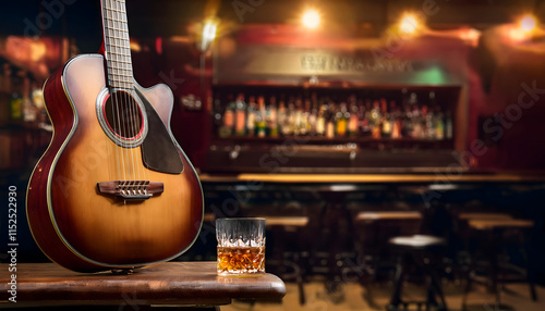 A vintage resonator guitar leans elegantly on a wooden stool, accompanied by a whiskey glass, emanating a nostalgic vibe in a dimly lit bar. The ambiance invites relaxation and music