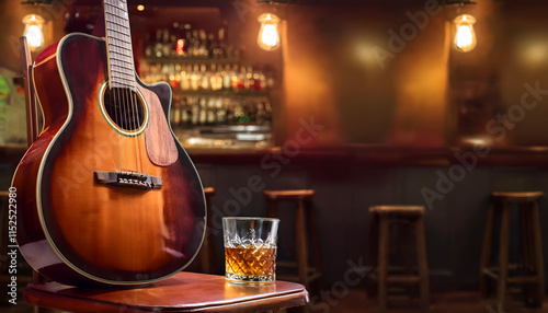 A vintage resonator guitar rests gracefully on a wooden stool, accompanied by a whiskey glass. Soft lighting in the background enhances the intimate vibe, inviting a sense of relaxation and enjoyment