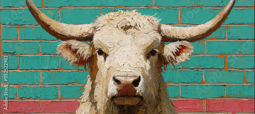 White Longhorn Cattle Portrait on Teal Brick