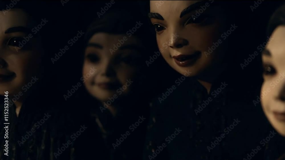 Creepy dolls and eerie settings in dimly lit room Creepy dolls and eerie settings in dimly lit room