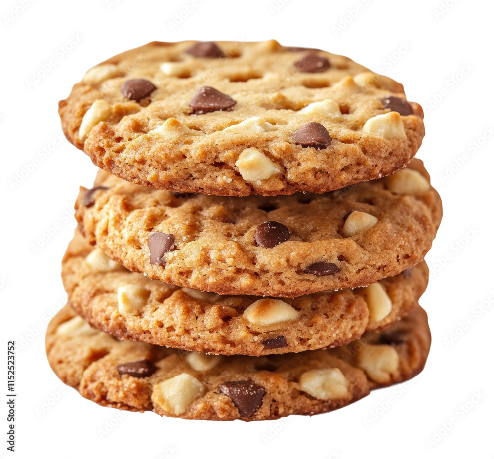 Stack of chocolate chip cookies, golden baked texture, crunchy snack, homemade dessert, classic sweet treat, and indulgent food for cookie lovers isolated on transparent background Stack of chocolate chip cookies, golden baked texture, crunchy snack, homemade dessert, classic sweet treat, and indulgent food for cookie lovers isolated on transparent background