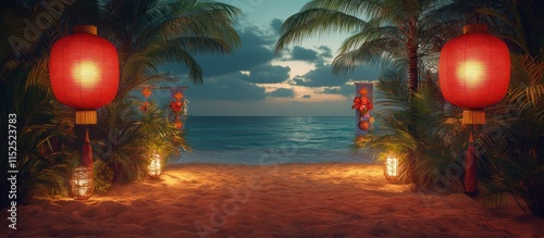 A serene beach scene with lanterns, palm trees, and a sunset over the ocean.
