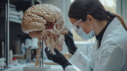 Anatomical Model of Human Skull and Brain with Medical Researcher Examining Detailed Structure in Laboratory Environment