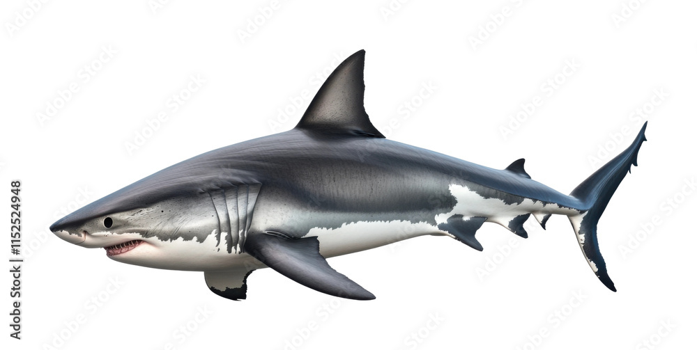 Great white shark swimming, dangerous marine predator with sharp teeth, ocean wildlife animal, realistic aquatic sea creature illustration isolated on transparent background Great white shark swimming, dangerous marine predator with sharp teeth, ocean wildlife animal, realistic aquatic sea creature illustration isolated on transparent background