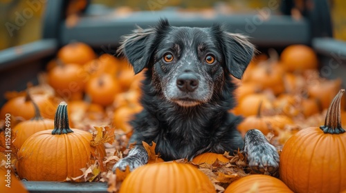 A black dog resting among orange pumpkins and autumn leaves in a rustic setting.