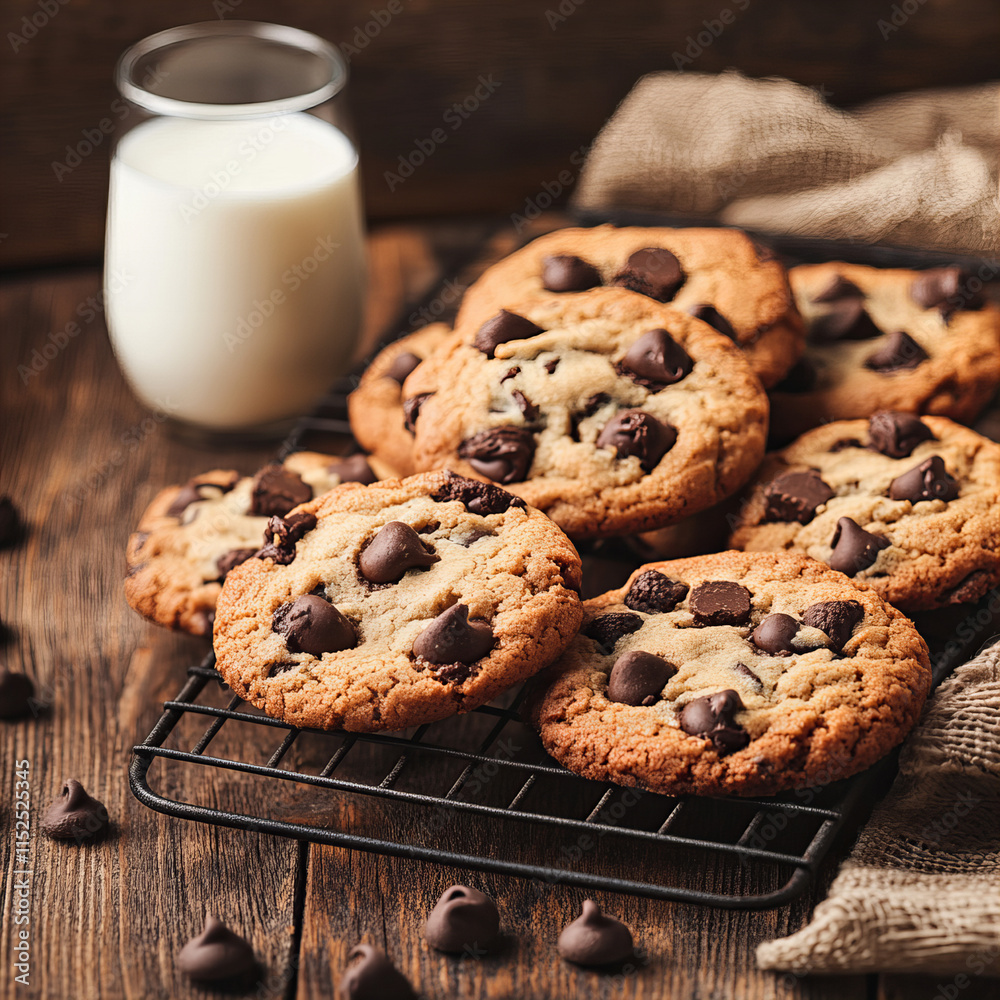 Freshly baked chocolate chip cookies with milk on a cooling rack perfect for dessert, snack, or holiday treats photography Freshly baked chocolate chip cookies with milk on a cooling rack perfect for dessert, snack, or holiday treats photography