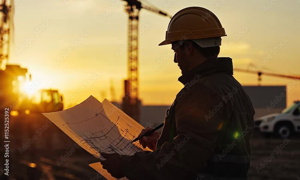 Construction worker reviewing blueprints at sunset.