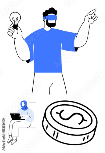 Businessman with VR headset pointing while holding a lightbulb, worker on laptop, and a coin with dollar sign. Ideal for technology, business innovation, remote work, finance, collaboration, virtual